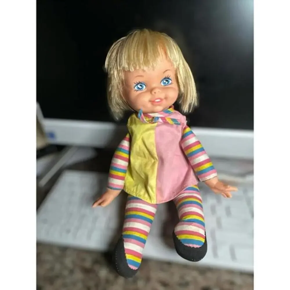 Vintage 1970 Striped Baby Doll by Remco Baby Polly Puff.